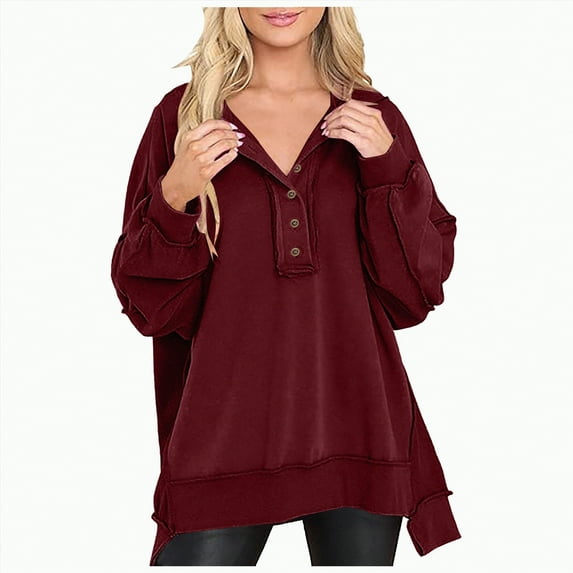 Towmus Women's Oversized Sweatshirt Casual Long Sleeve Button Henley Neck Pullover Sweatshirts for Women Light Patchwork Shirts