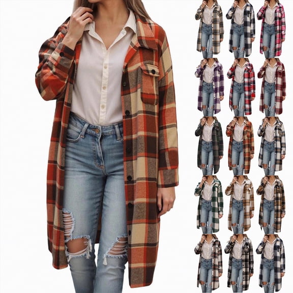 Towmus Women's Plus Size Plaid Flannel Shirts Girls Fall Clothes Long Sleeve Casual Lapel Boyfriend Button Down Tartan Long Jacket Coats
