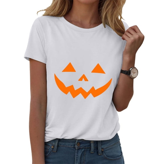 Towmus Women's Pumpkin Face T-Shirt Funny Halloween Lantern Shirt for Women Cute Graphic Tees