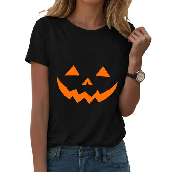 Towmus Women's Pumpkin Face T-Shirt Funny Halloween Lantern Shirt for Women Cute Graphic Tees