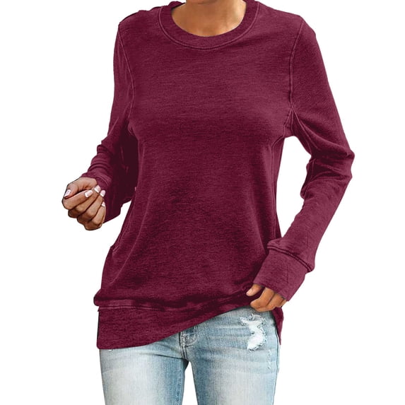 Towmus Women's Regular-Fit Long-Sleeve Solid Color Crew Neck Tunic Sweatshirts Basic Tops