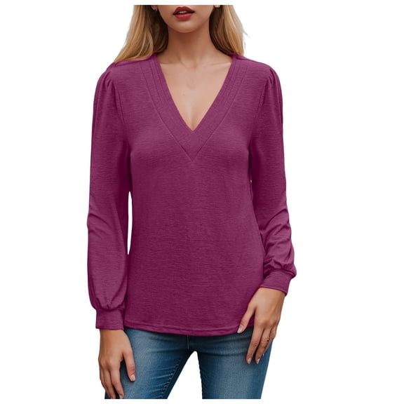 Towmus Women's Sexy Deep V Neck Long Sleeve Casual Fall Blouse Tunic Tops Loose Fit Pullover T Shirts