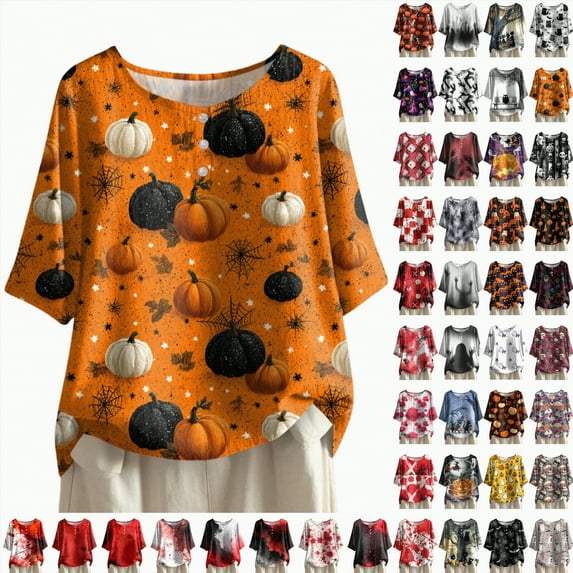 Towmus Women's Short Sleeve Graphic Blouses Casual Loose Button Down Crew Neck Shirts Halloween Clothes Fall T-Shirts