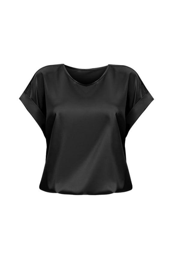 Women's Short Sleeve Satin Blouses Casual Loose Scooped Neck Silk Shirts Roll Up Sleeve Tunic Tops