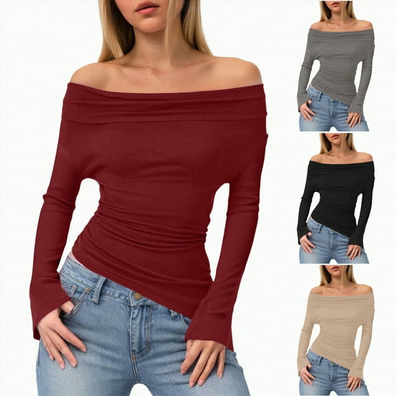 Towmus Women's Spring Long Sleeve Y2K Crop Top Solid Color Off Shoulder Tops Fitted Knit Tee Shirts Going Out T-shirt