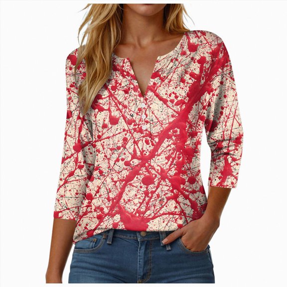 Towmus Women's Tie Dye 3/4 Length Sleeve Halloween Button Down Women Blouses Graphic Tees Tops Funny Tshirt Fall Casual Shirts