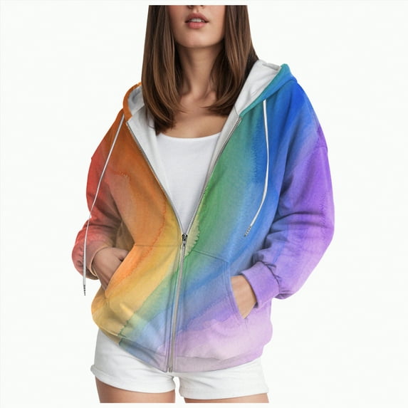 Towmus Women's Tie-Dye Print Zip Up Hoodies Gradient Long Sleeve Hooded Sweatshirt Jacket Oversized Outerwear with Pocket, Multicolour, S