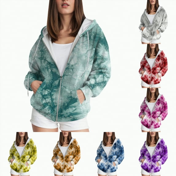 Towmus Women's Tie-Dye Winter Coats for Women Zip Up Casual Long Sleeve Drawstring Gradient Printed Sweatshirts with Pocket