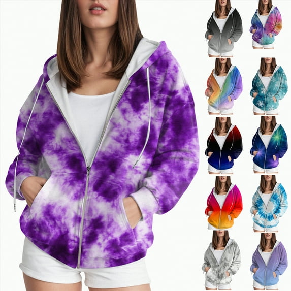 Towmus Women's Tie-Dye Zip-Up Hoodie Cute Drawstring Gradient Hoodies Long Sleeve, With Pocket XS-6XL