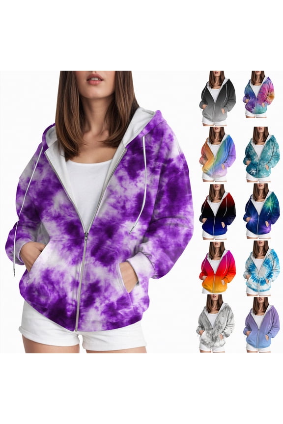 Women's Tie-Dye Zip-Up Hoodie Cute Drawstring Gradient Hoodies Long Sleeve, With Pocket XS-6XL