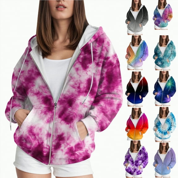 Towmus Women's Tie-Dye Zip-Up Hoodie Cute Drawstring Gradient Hoodies Long Sleeve, With Pocket XS-6XL