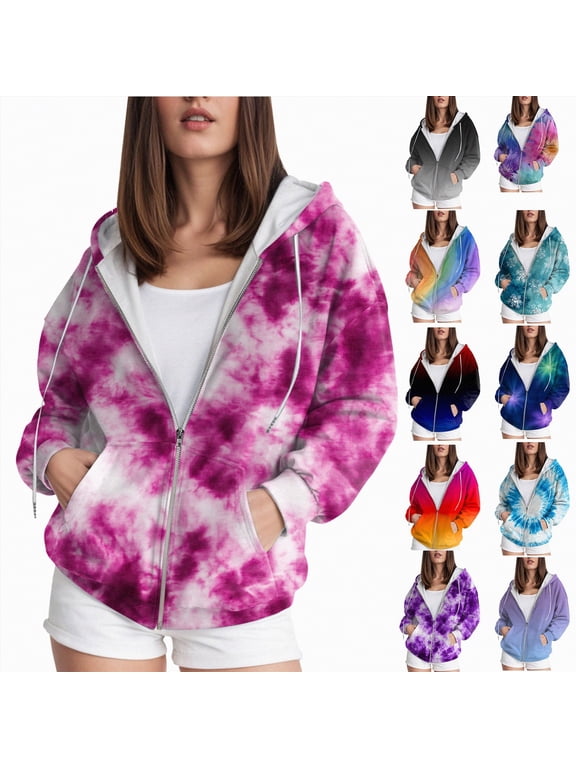 Women's Tie-Dye Zip-Up Hoodie Cute Drawstring Gradient Hoodies Long Sleeve, With Pocket XS-6XL