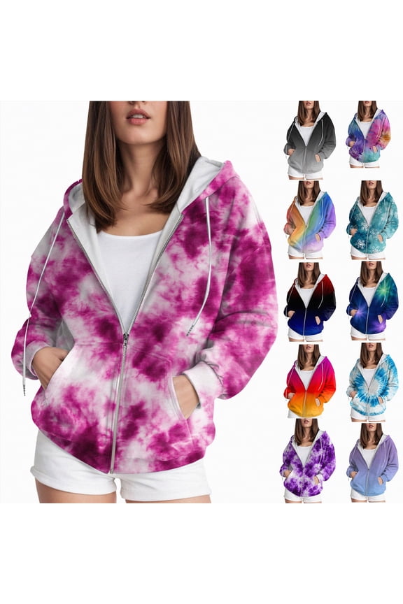 Women's Tie-Dye Zip-Up Hoodie Cute Drawstring Gradient Hoodies Long Sleeve, With Pocket XS-6XL