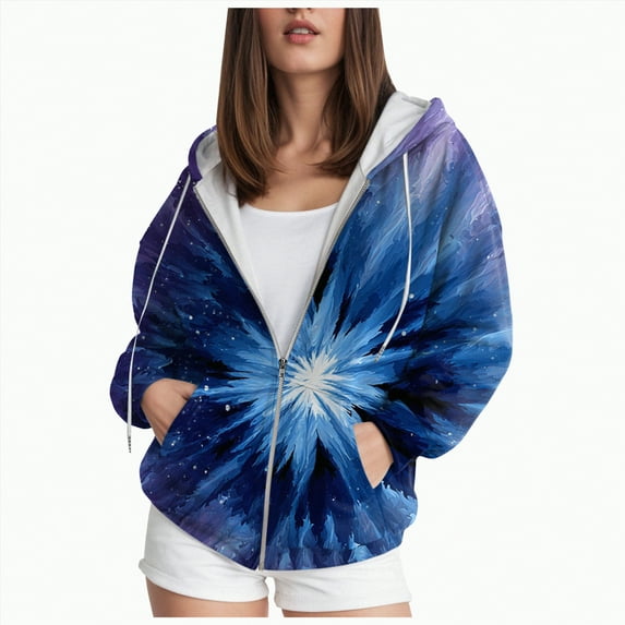 Towmus Women's Tie-Dye Zip Up Hoodies Gradient Printed Sweatshirts Drawstring Long Sleeve Casual Oversized Pullover Sweatshirt Y2K Clothes XS-6XL