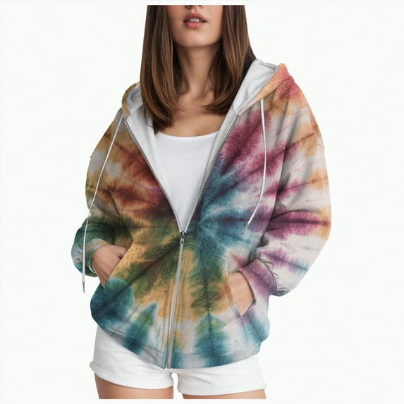 Towmus Women's Tie-Dye Zip Up Hoodies Gradient Printed Sweatshirts Drawstring Long Sleeve Casual Oversized Pullover Sweatshirt Y2K Clothes XS-6XL