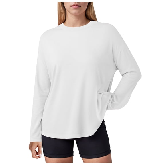 Towmus Women's Tops Crew Neck Long Sleeve Spring and Autumn Casual Loose Fit Elastic Solid Color Basic Tops