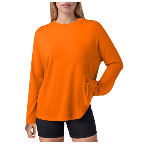 Towmus Women's Tops Crew Neck Long Sleeve Spring and Autumn Casual Loose Fit Elastic Solid Color Basic Tops