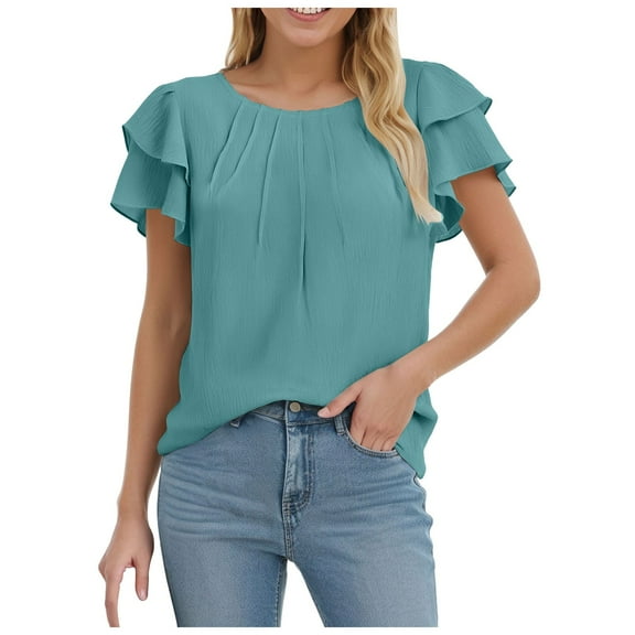 Towmus Women's Tops Summer Ruffle Short Sleeve Crewneck Blouses Solid Loose Tunics Work Shirts