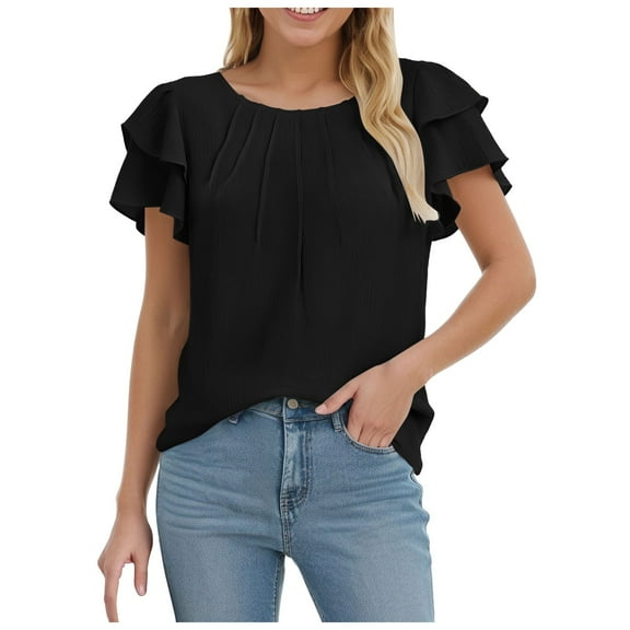 Towmus Women's Tops Summer Ruffle Short Sleeve Crewneck Blouses Solid Loose Tunics Work Shirts