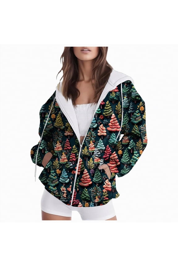 Women's Trendy Christmas Printing Graphic Jacket Zip Up Long Sleeve Hoodies Streetwear Fashion Coat With Pockets