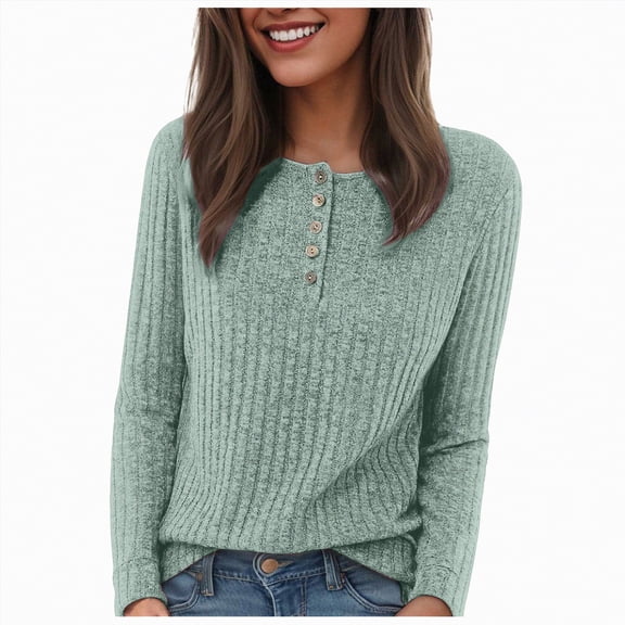 Towmus Women's V Neck Sweaters Solid Color Long Sleeve Pullover Tops Button Knit Sweater Fashion Daily Tops