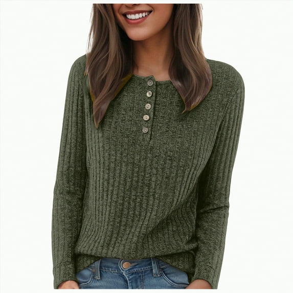 Towmus Women's V Neck Sweaters Solid Color Long Sleeve Pullover Tops Button Knit Sweater Fashion Daily Tops