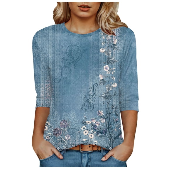 Towmus Womens 3/4 Length Sleeve Cotton Clothes Floral Print Dressy Blouses Crew Neck Casual Tunic Tops Summer Shirts Loose Fit Pullover