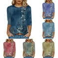 thumbnail image 1 of Towmus Womens 3/4 Length Sleeve Cotton Clothes Floral Print Dressy Blouses Crew Neck Casual Tunic Tops Summer Shirts Loose Fit Pullover, 1 of 4