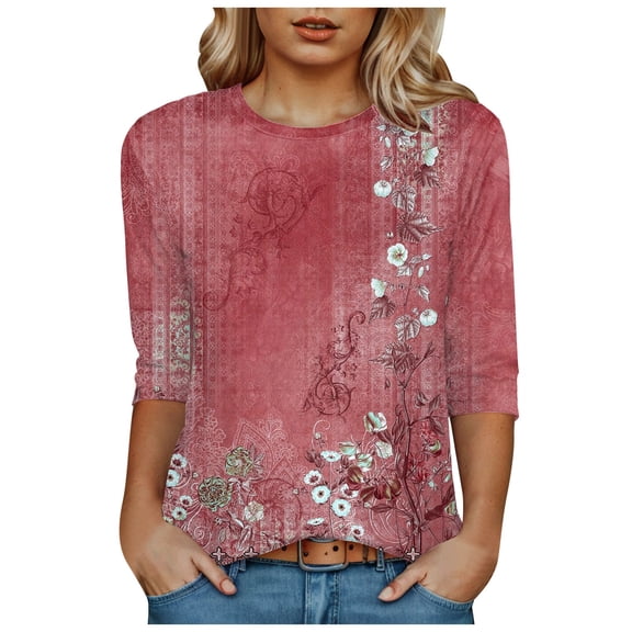 Towmus Womens 3/4 Length Sleeve Cotton Clothes Floral Print Dressy Blouses Crew Neck Casual Tunic Tops Summer Shirts Loose Fit Pullover