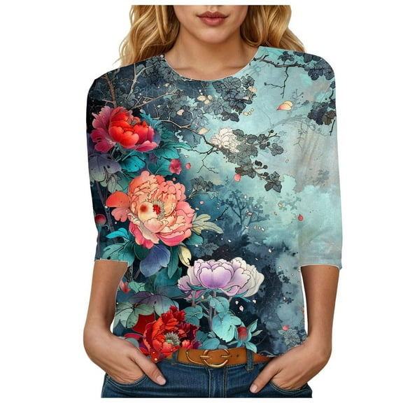 Towmus Womens 3/4 Length Sleeve Cotton Tops Casual Floral Print Round Neck Summer Tops Loose Fit Elastic and Lightweight Blouse for Women