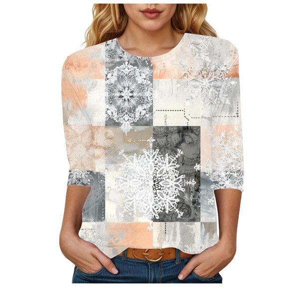 Towmus Womens 3/4 Length Sleeve Cotton Tops Casual Floral Print Round Neck Summer Tops Loose Fit Elastic and Lightweight Blouse for Women