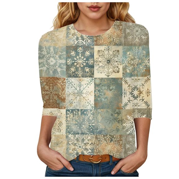 Towmus Womens 3/4 Length Sleeve Cotton Tops Casual Floral Print Round Neck Summer Tops Loose Fit Elastic and Lightweight Blouse for Women