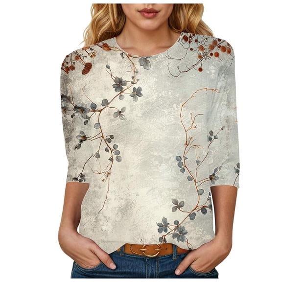 Towmus Womens 3/4 Length Sleeve Cotton Tops Casual Floral Print Round Neck Summer Tops Loose Fit Elastic and Lightweight Blouse for Women