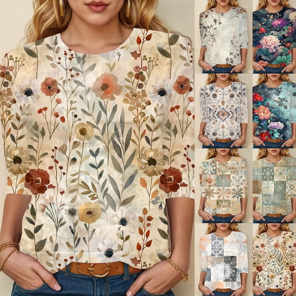 Towmus Womens 3/4 Length Sleeve Cotton Tops Casual Floral Print Round Neck Summer Tops Loose Fit Elastic and Lightweight Blouse for Women