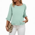 thumbnail image 1 of Towmus Womens 3/4 Sleeve Tops Knit Cotton Ladies Blouses Crew Neck T Shirts for Women Loose Fit Ruffle Sleeve Tunic Tops, 2XL, Green, 1 of 8