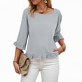 thumbnail image 1 of Towmus Womens 3/4 Sleeve Tops Knit Cotton Ladies Blouses Crew Neck T Shirts for Women Loose Fit Ruffle Sleeve Tunic Tops, 2XL, Grey, 1 of 8