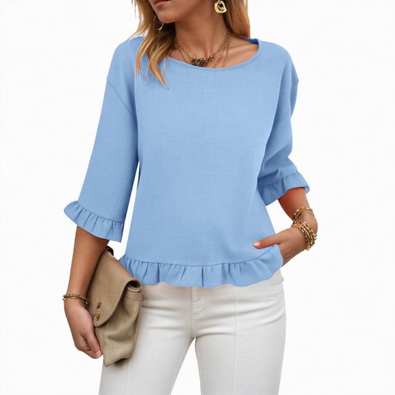 Towmus Womens 3/4 Sleeve Tops Knit Cotton Ladies Blouses Crew Neck T Shirts for Women Loose Fit Ruffle Sleeve Tunic Tops, 2XL, Light Blue