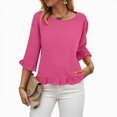 thumbnail image 1 of Towmus Womens 3/4 Sleeve Tops Knit Cotton Ladies Blouses Crew Neck T Shirts for Women Loose Fit Ruffle Sleeve Tunic Tops, L, Hot Pink, 1 of 8