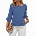 thumbnail image 1 of Towmus Womens 3/4 Sleeve Tops Knit Cotton Ladies Blouses Crew Neck T Shirts for Women Loose Fit Ruffle Sleeve Tunic Tops, M, Dark Blue, 1 of 8