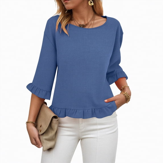 Towmus Womens 3/4 Sleeve Tops Knit Cotton Ladies Blouses Crew Neck T Shirts for Women Loose Fit Ruffle Sleeve Tunic Tops, M, Dark Blue