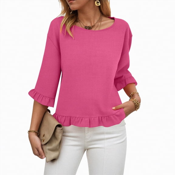 Towmus Womens 3/4 Sleeve Tops Knit Cotton Ladies Blouses Crew Neck T Shirts for Women Loose Fit Ruffle Sleeve Tunic Tops, M, Hot Pink