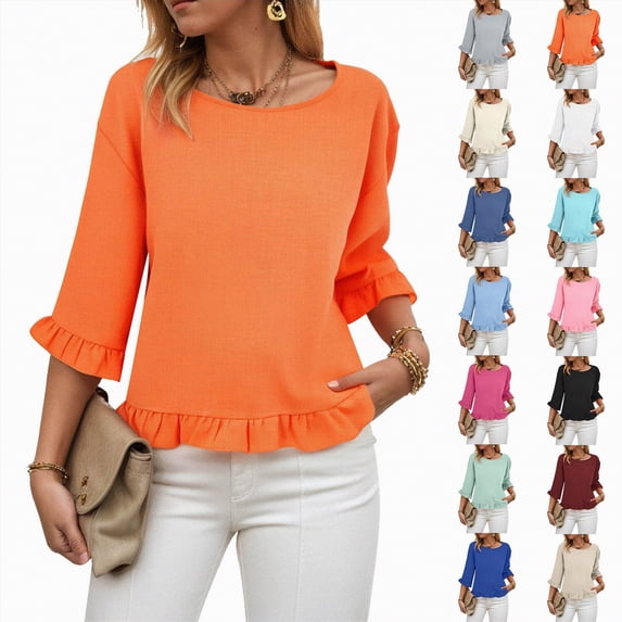 Towmus Womens 3/4 Sleeve Tops Knit Cotton Ladies Blouses Crew Neck T Shirts for Women Loose Fit Ruffle Sleeve Tunic Tops, S, Orange