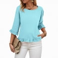 thumbnail image 1 of Towmus Womens 3/4 Sleeve Tops Knit Cotton Ladies Blouses Crew Neck T Shirts for Women Loose Fit Ruffle Sleeve Tunic Tops, S, Sky Blue, 1 of 8