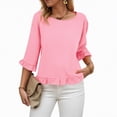 thumbnail image 1 of Towmus Womens 3/4 Sleeve Tops Knit Cotton Ladies Blouses Crew Neck T Shirts for Women Loose Fit Ruffle Sleeve Tunic Tops, XL, Red, 1 of 8