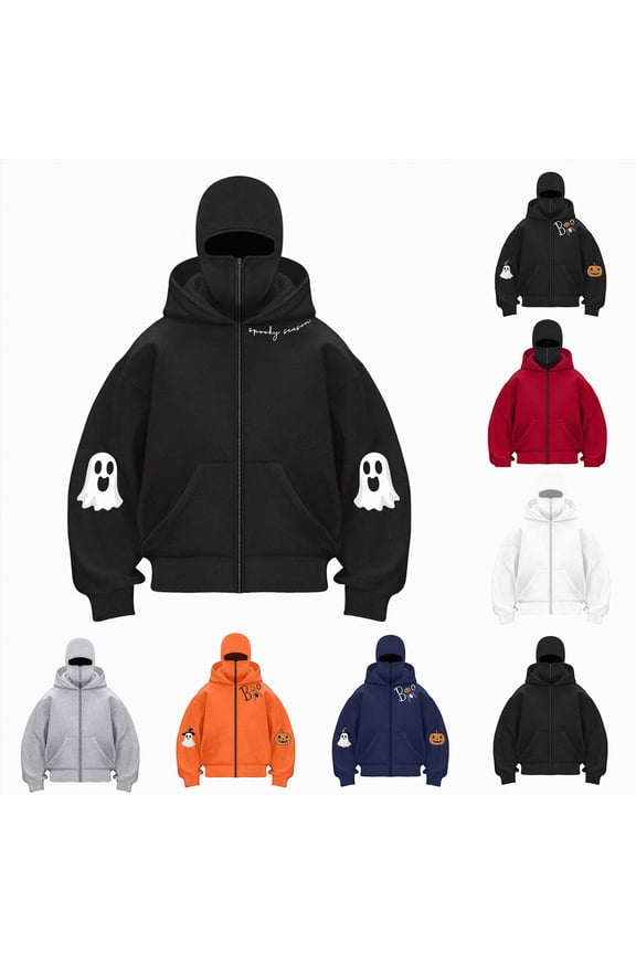 Womens Balaclava Hoodies Zip Up Double Sweatshirt Hip Hop Outerwear Jacket Built-In Eye Mask Halloween Y2K Clothing