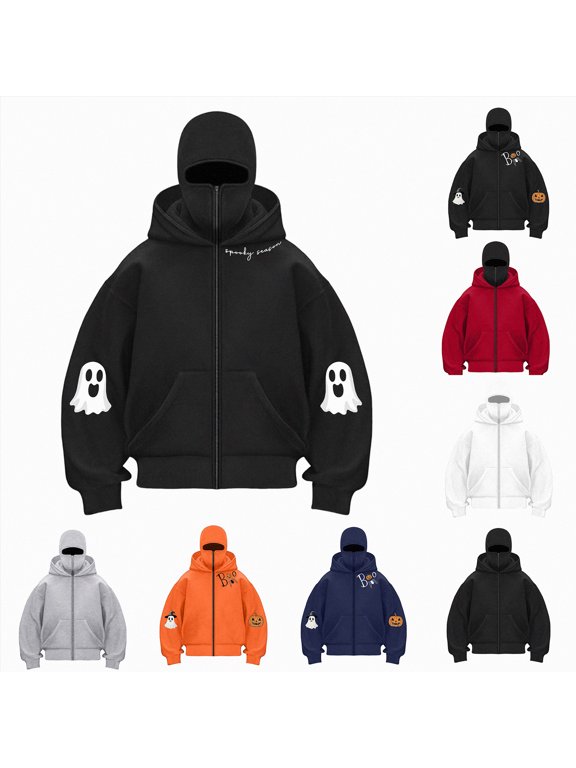 Womens Balaclava Hoodies Zip Up Double Sweatshirt Hip Hop Outerwear Jacket Built-In Eye Mask Halloween Y2K Clothing
