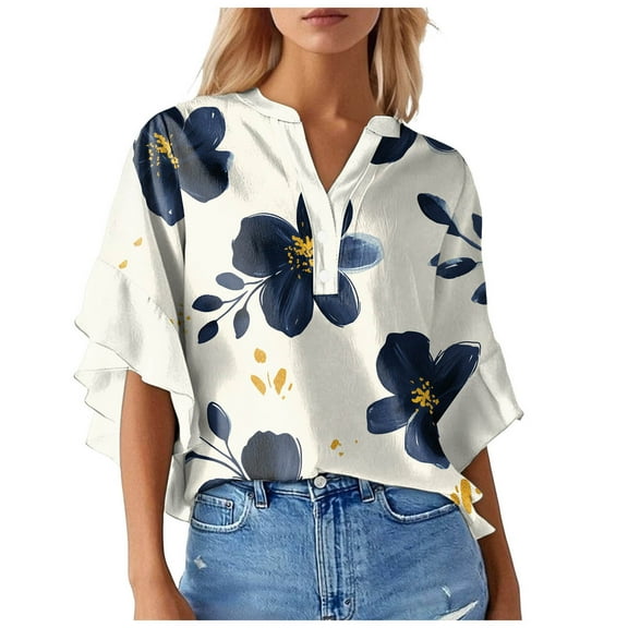 Towmus Womens Blouses 3/4 Sleeve V Neck Work Shirts Dressy Tops with Smocked Office Wear