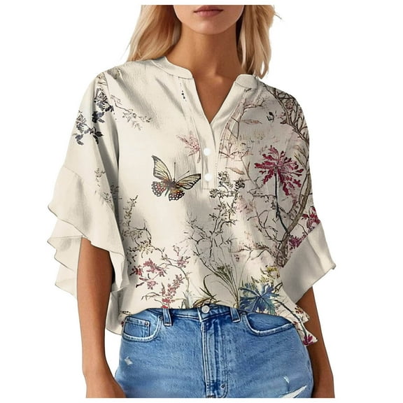 Towmus Womens Blouses 3/4 Sleeve V Neck Work Shirts Dressy Tops with Smocked Office Wear