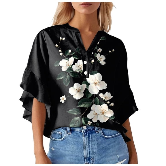 Towmus Womens Blouses 3/4 Sleeve V Neck Work Shirts Dressy Tops with Smocked Office Wear