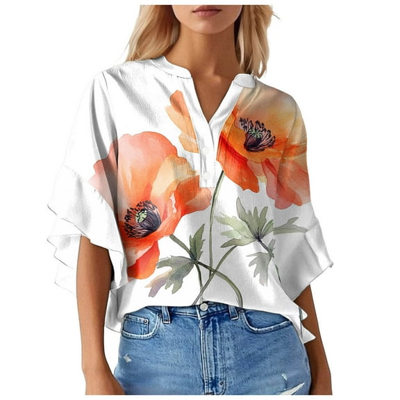 Towmus Womens Blouses 3/4 Sleeve V Neck Work Shirts Dressy Tops with Smocked Office Wear